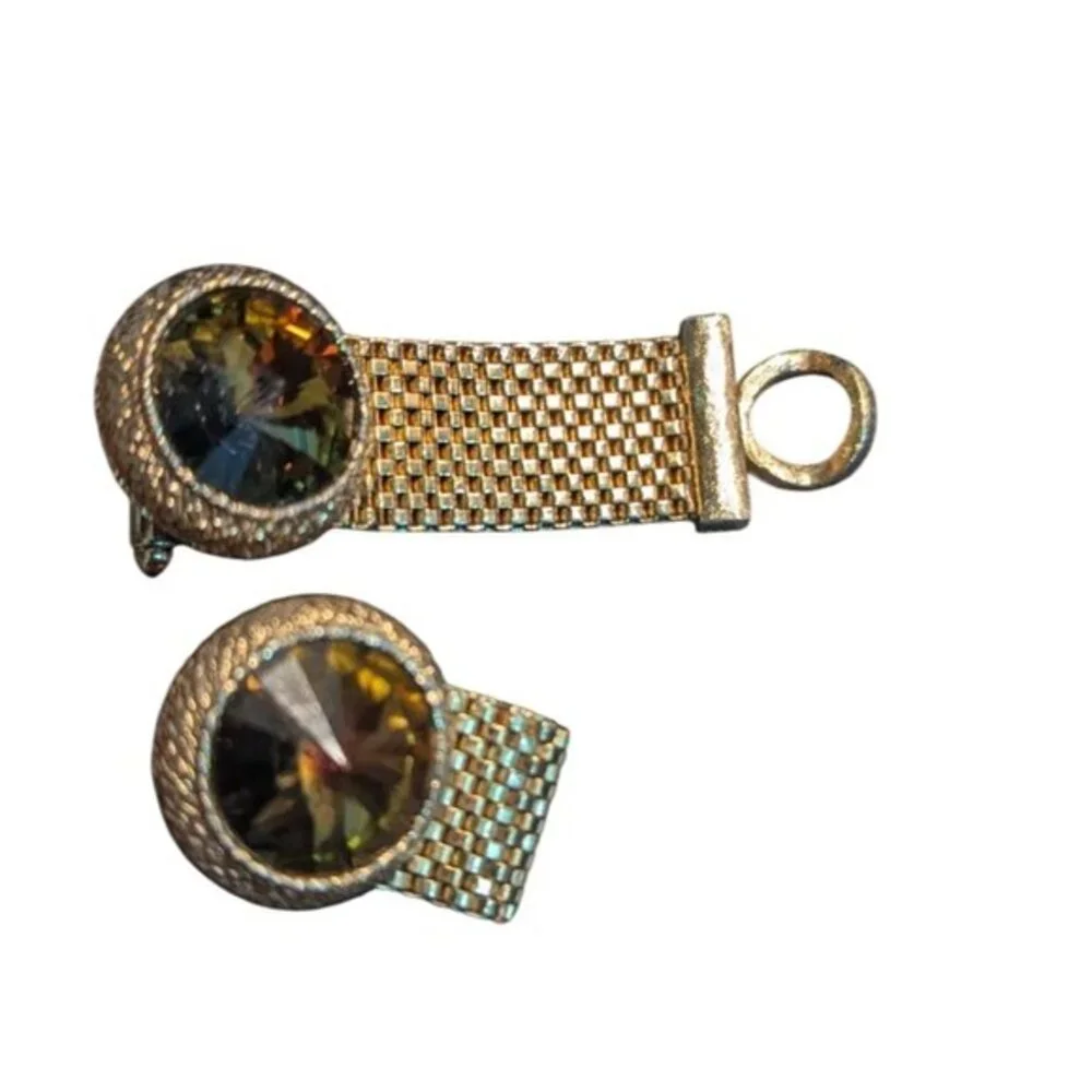 Dante Vintage Gold Tone Mesh Wrap‎ Around Cufflinks Smoky Topaz Crystal 1960s